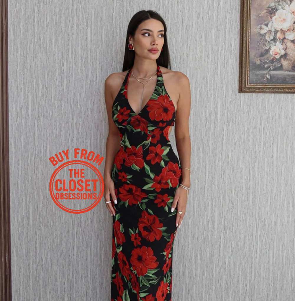 ZARA Red Floral Maxi Dress NWT Scarf Neck Wedding Guest Vacation Dress M L